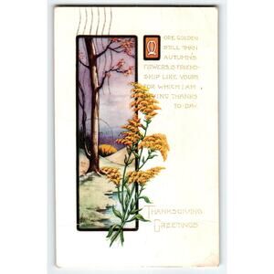 Vintage 1919 Thanksgiving Lithograph Postcard Goldenrod Flower Scenic Whitney